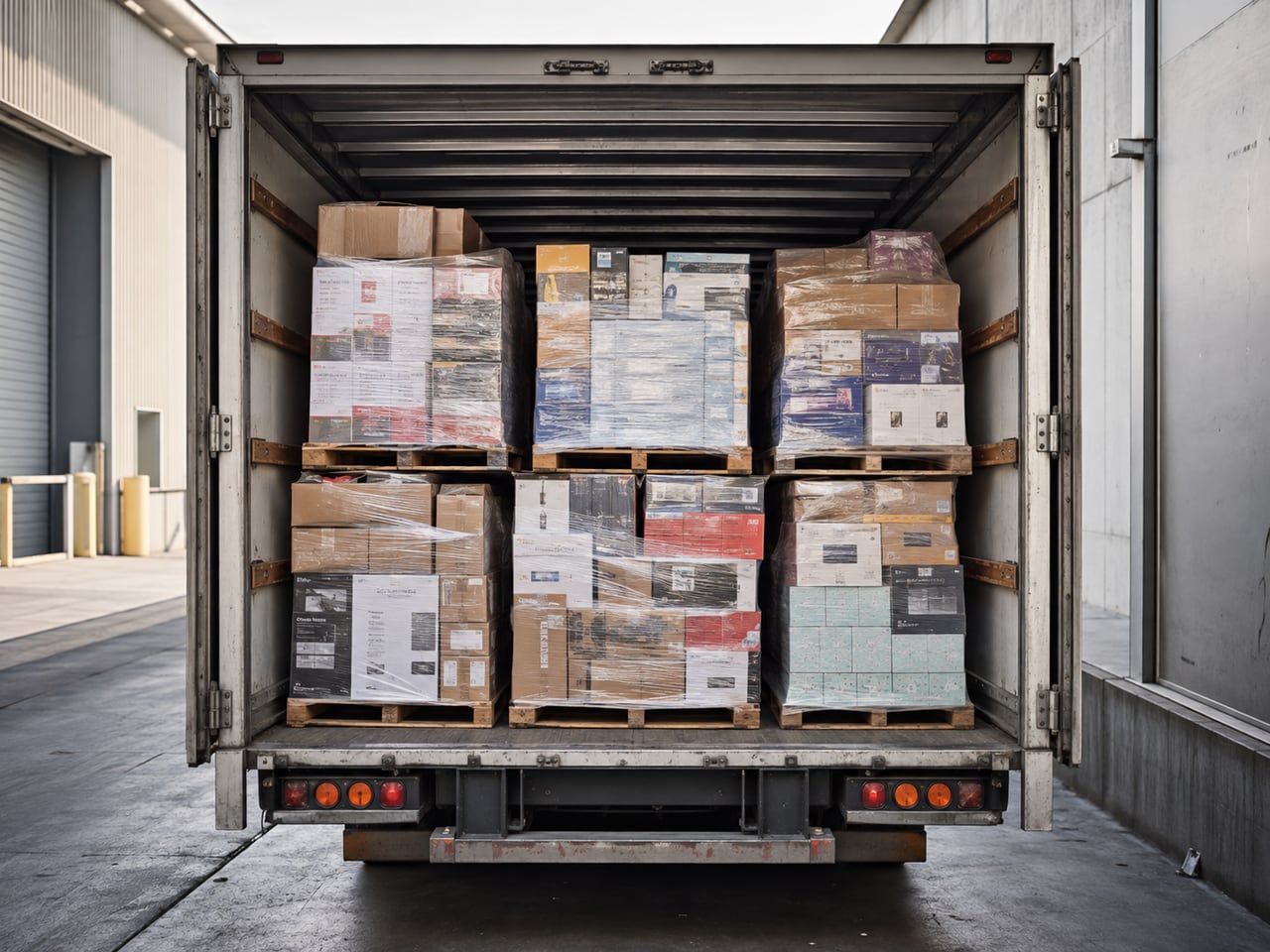 Illustration of a trailer loaded with wrapped retail pallets — not actual inventory