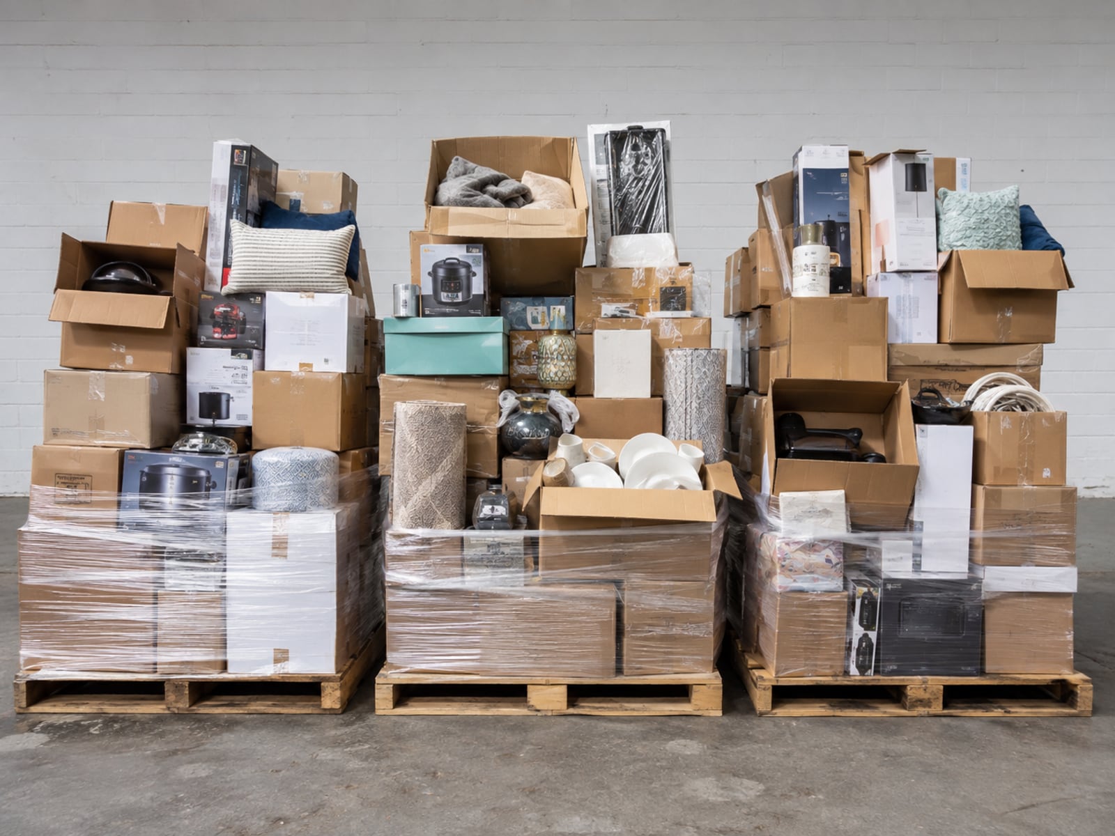Warehouse team members handling boxed merchandise together on the floor